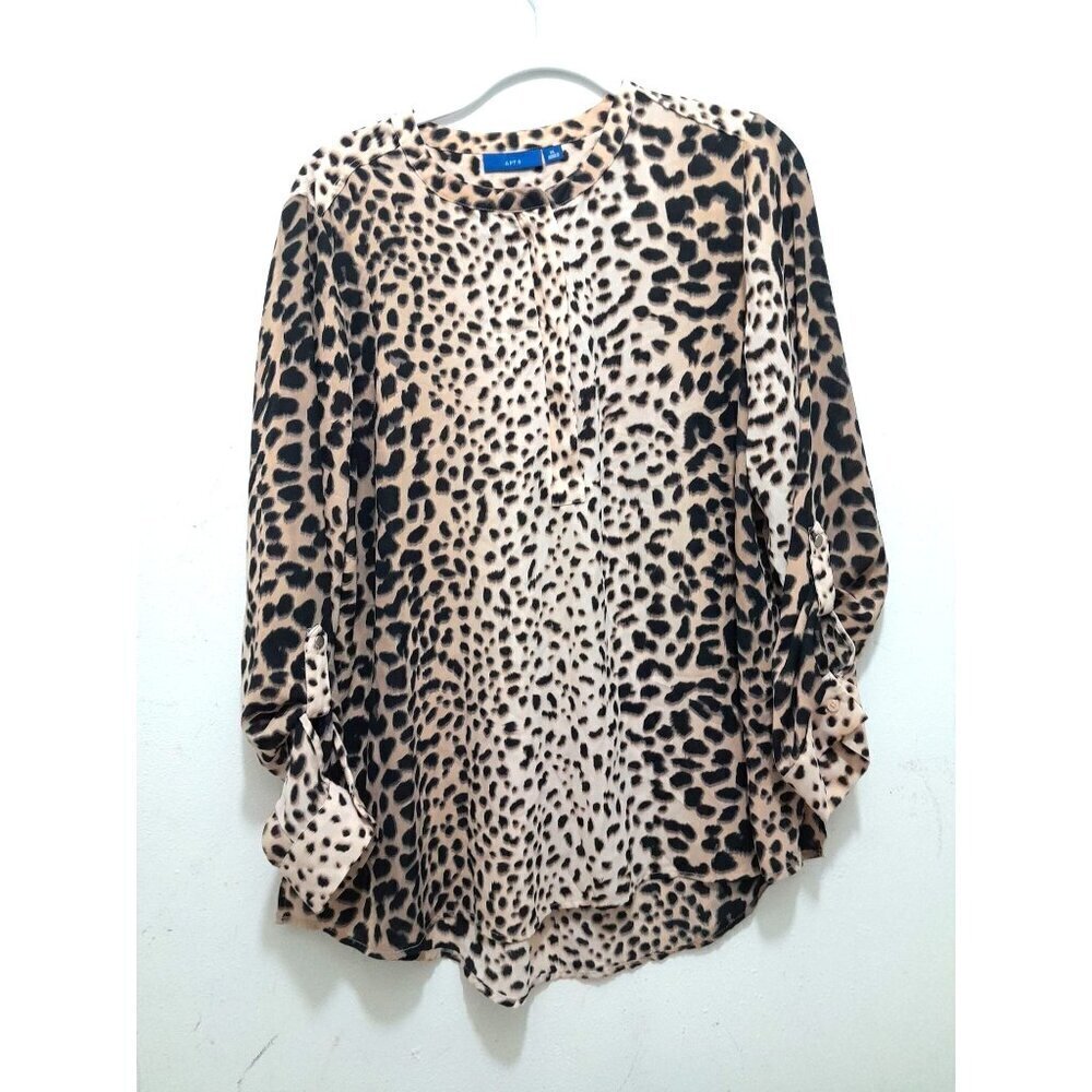 Leopard Print Mob Wife Flowy Roll Tab 1/2 Zip Tunic Top Size XL